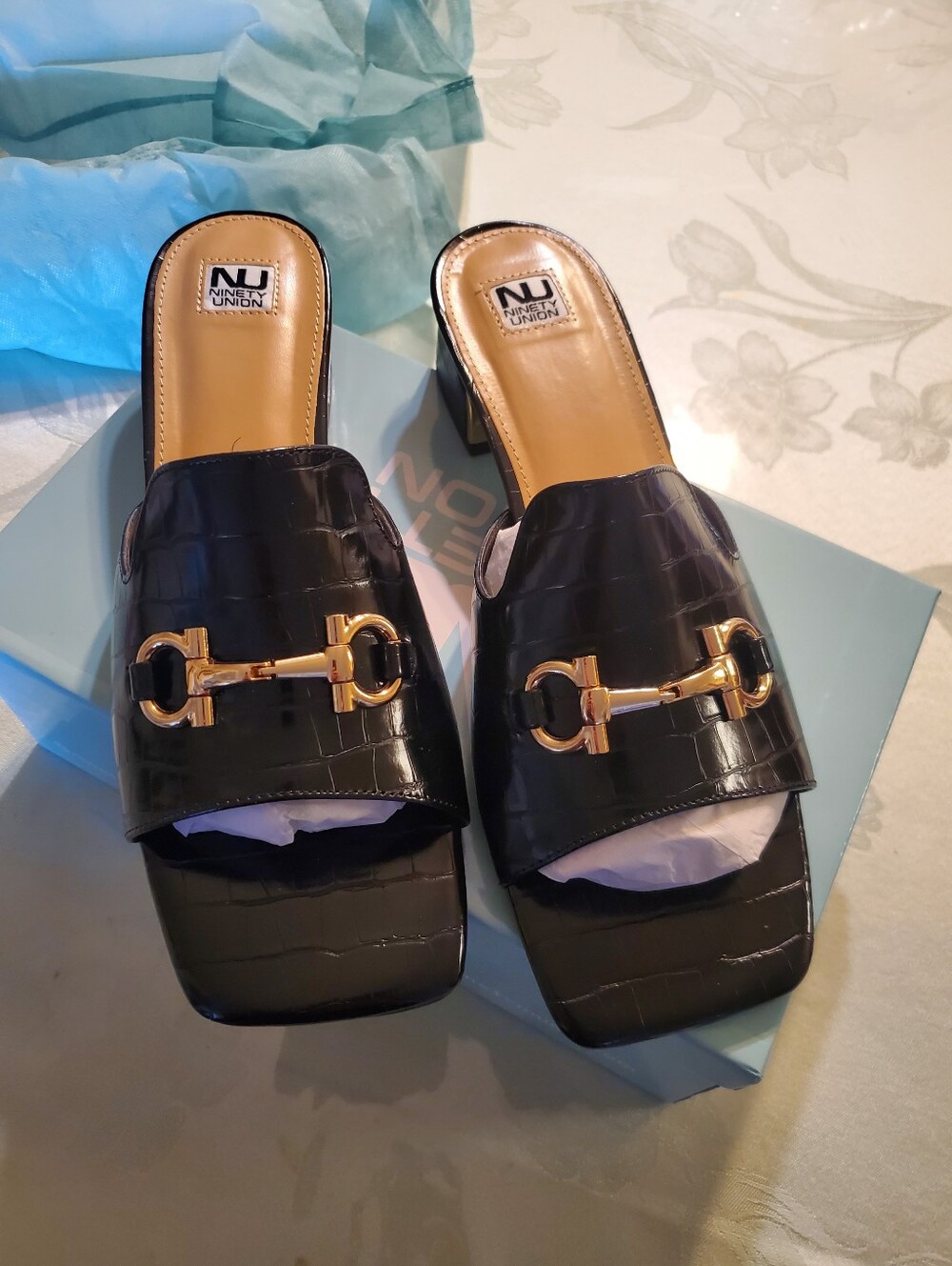 Black Croc-Embossed Mule with Gold Hardware